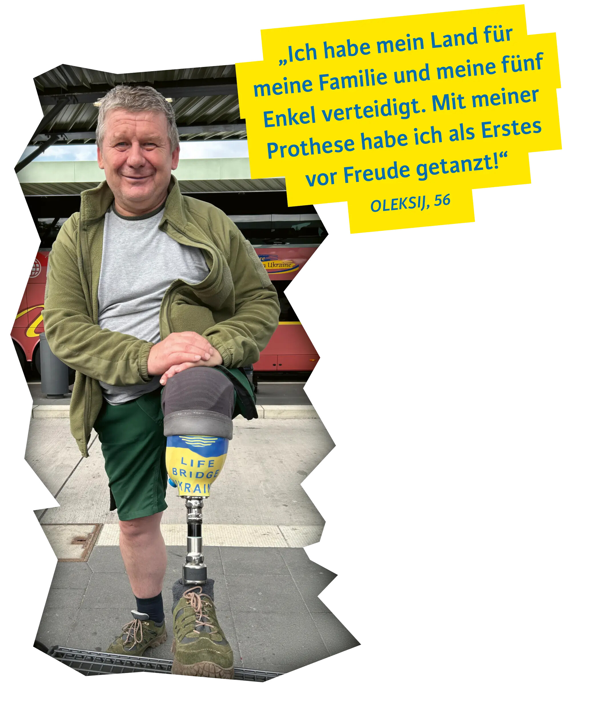 Oleksij proudly shows his prosthesis — the first thing he did was dance.