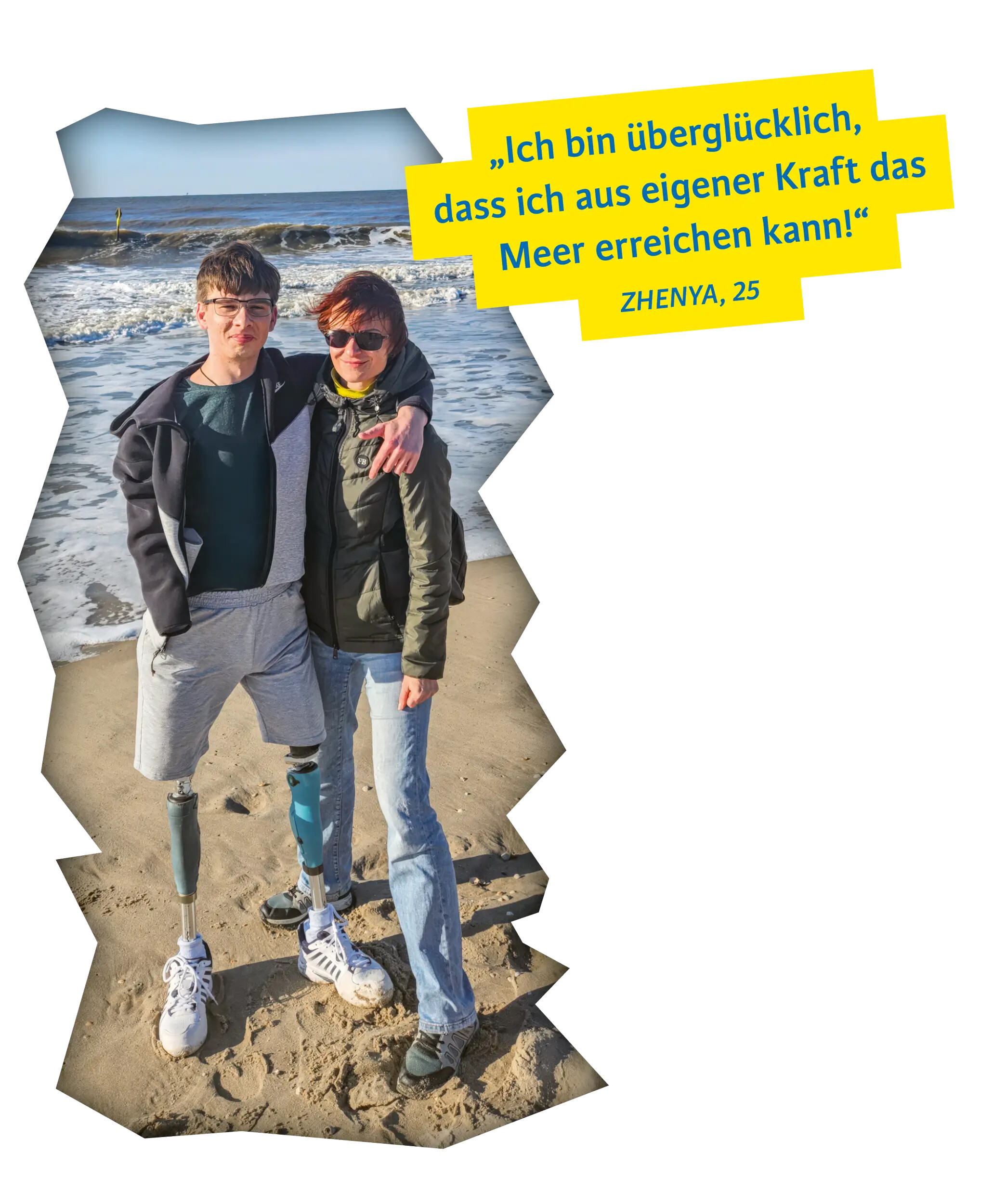 Zhenya at the sea with his mom — happy to be able to walk on his own.