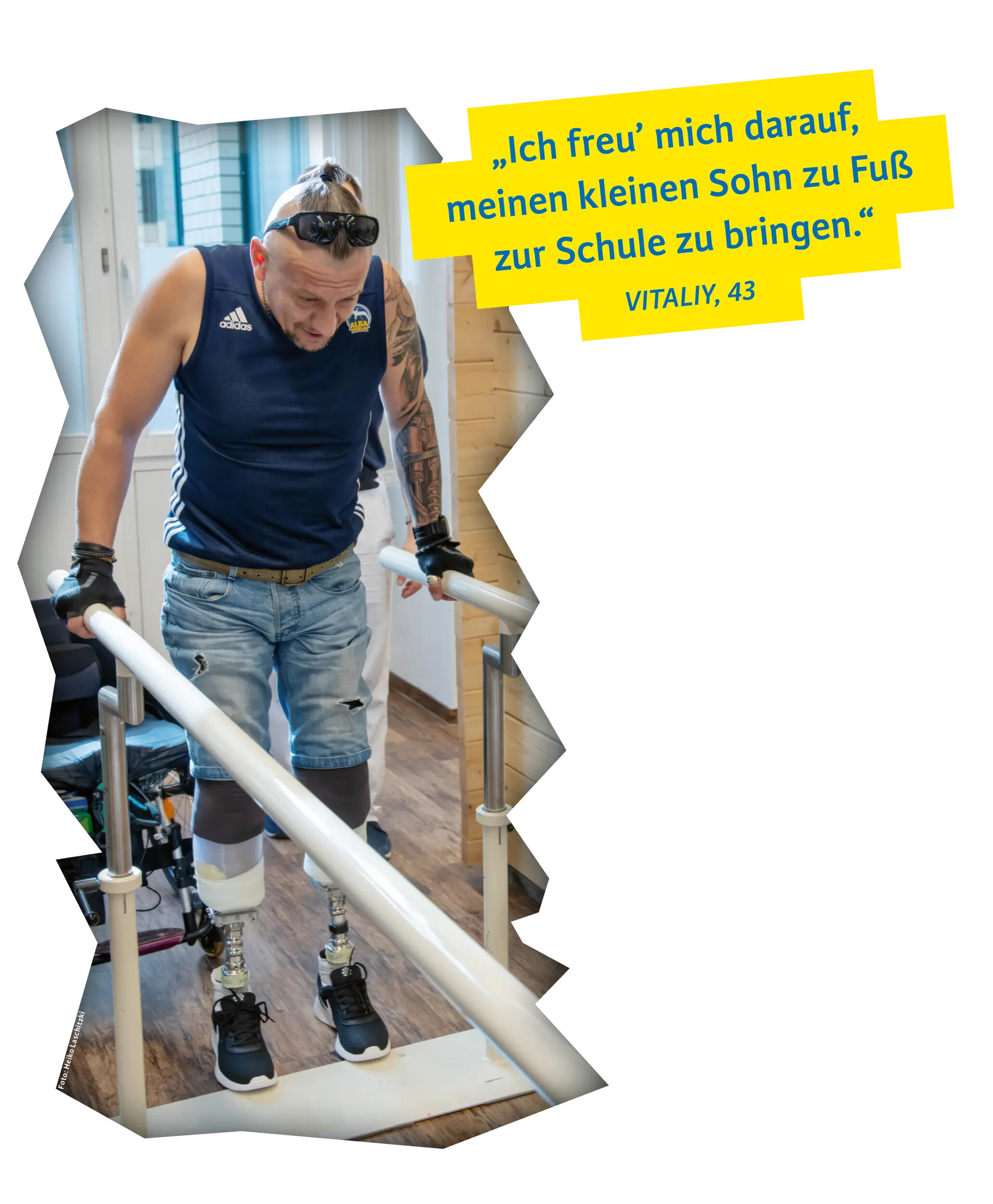 Vitaliy training with prosthetics — looking forward to walking his son to school.